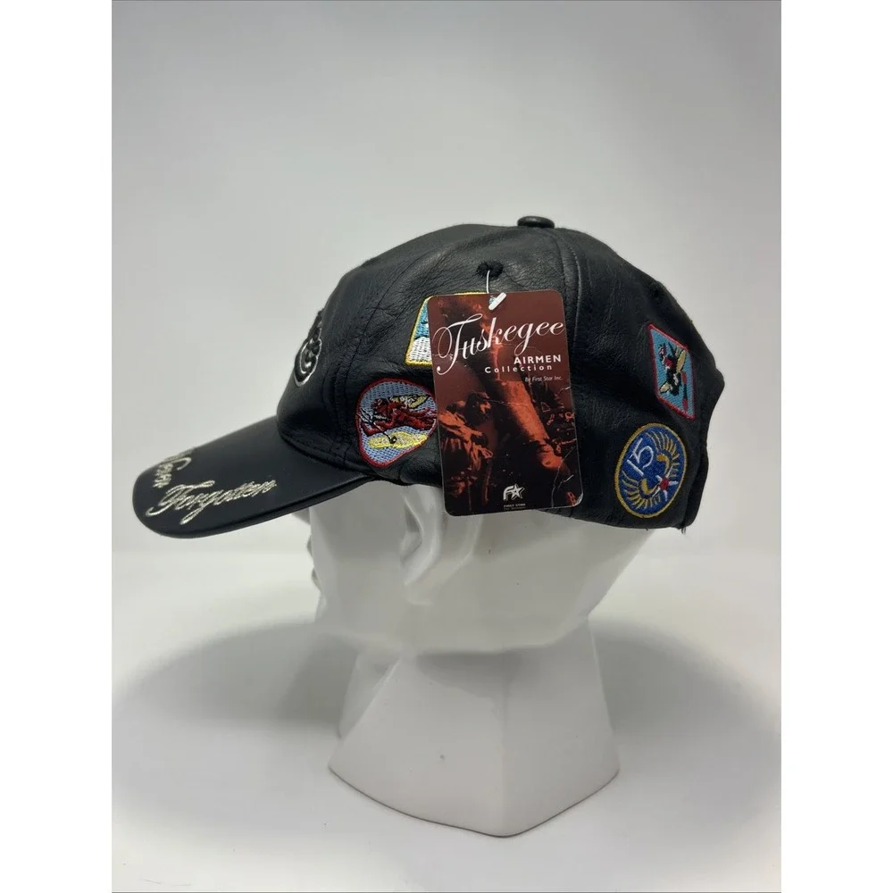 VTG Tuskegee Airman Leather Baseball Cap‎ Hat Black Never Forgotten 1941 Patches